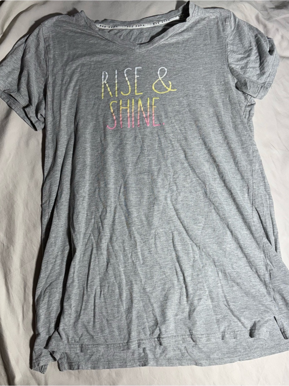 Rae Dunn Gray Tee with Yellow & Pink 'Rise & Shine' Graphic